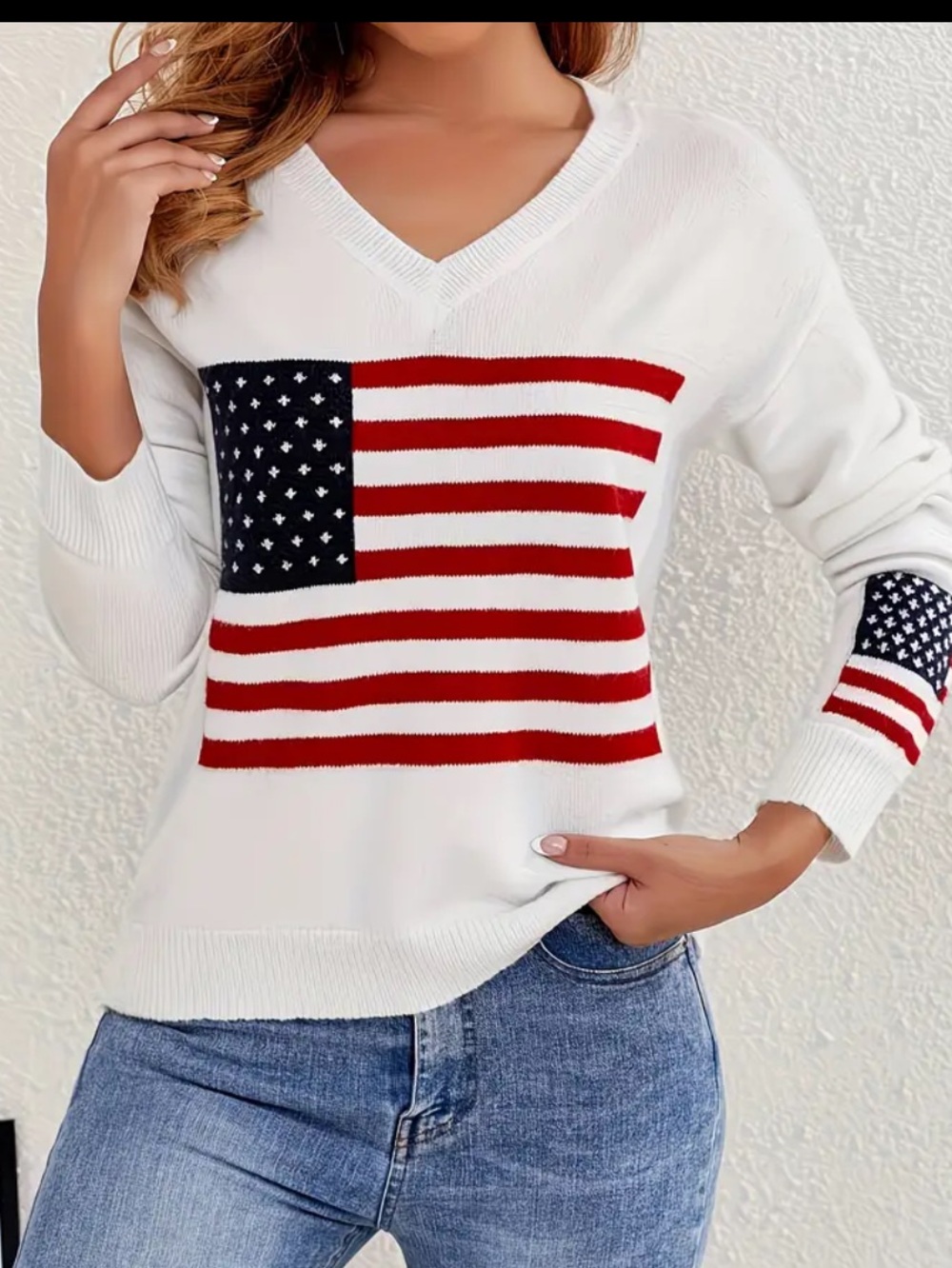 AMERICAN FLAG Red White & Blue V-Neck Sweater L NIB